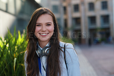 Buy stock photo Creative, portrait and businesswoman with smile in city, commute and writer with career development. Outdoor, author and happy person with pride for job opportunity, space or travel to work in Canada