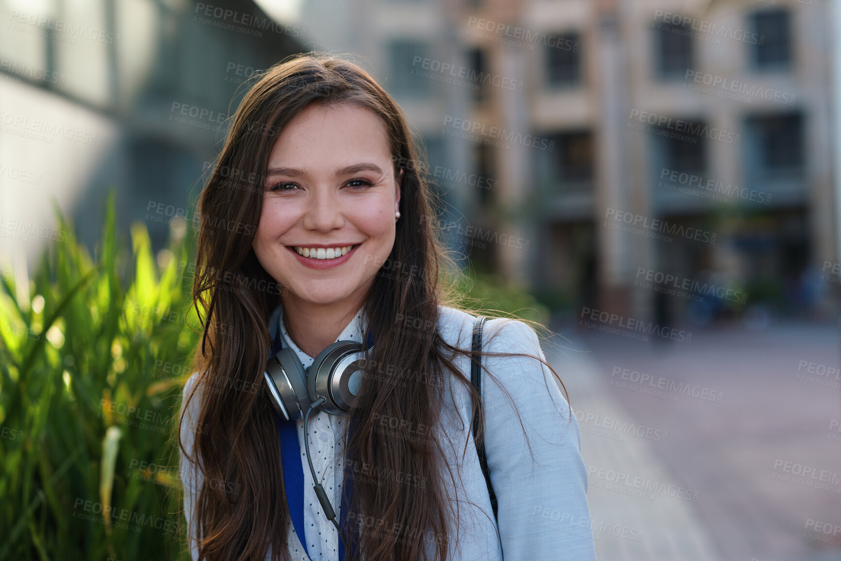 Buy stock photo Creative, portrait and businesswoman with smile in city, commute and writer with career development. Outdoor, author and happy person with pride for job opportunity, space or travel to work in Canada