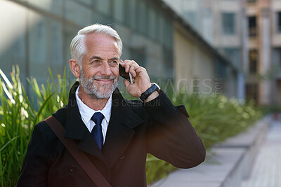 Buy stock photo Phone call, lawyer and man in city, conversation and digital app for communication. Outdoor, attorney and mature person in street, smartphone and connection for chatting, legal case and feedback