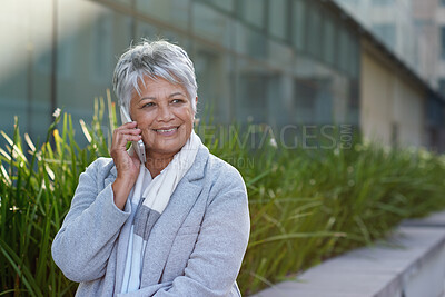 Buy stock photo Phone call, lawyer and woman in city, conversation and digital app for communication. Happy, attorney and mature person in street, smartphone and connection for chatting, legal case and feedback