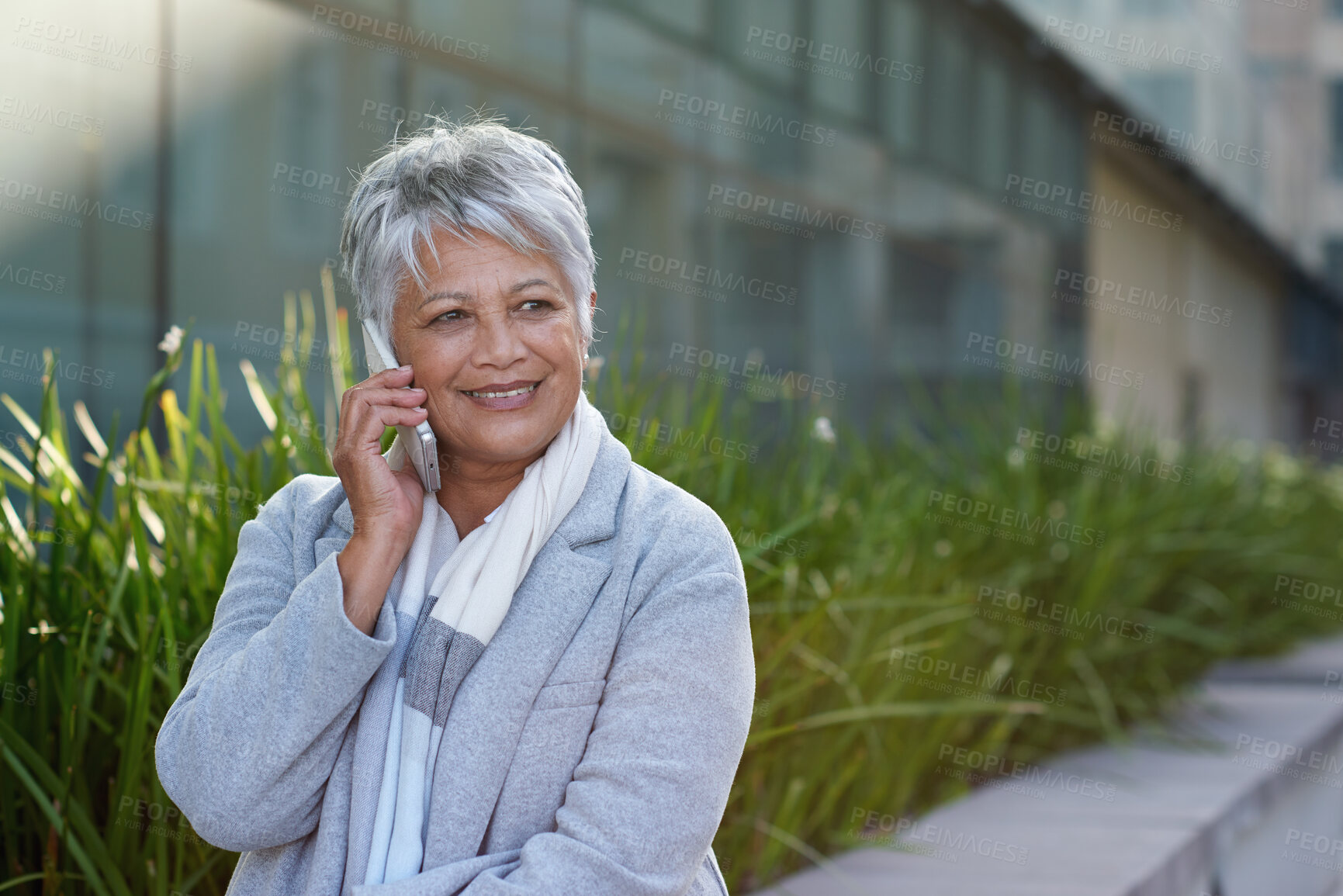 Buy stock photo Phone call, lawyer and woman in city, conversation and digital app for communication. Happy, attorney and mature person in street, smartphone and connection for chatting, legal case and feedback