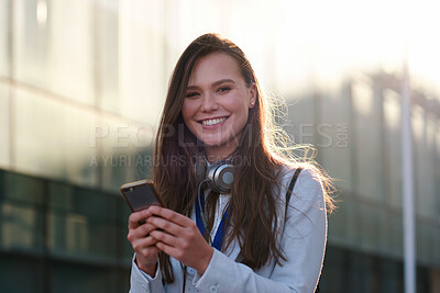 Buy stock photo Phone, portrait and business woman in city for social media, internet and connection on break. Happy, professional and person on smartphone for online chat, message and notification on commute