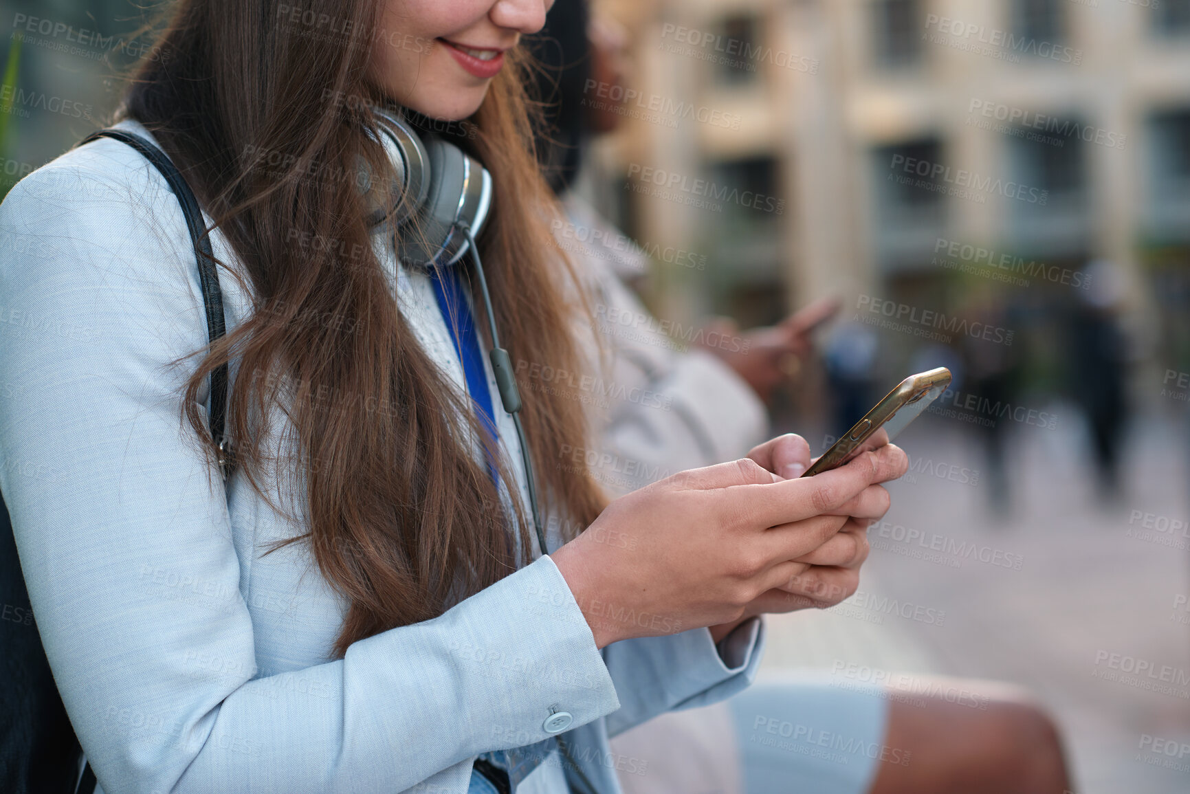 Buy stock photo Businesswoman, commute and hands with smartphone in city, journalist or chat with contact on website. Outdoor, reporter and person with mobile for communication, typing and texting with source on app