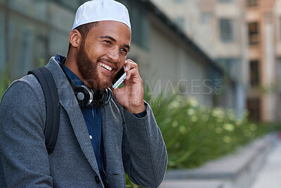 Buy stock photo Business, phone call and smile with Muslim man in city for communication, feedback or update. Conversation, thinking and planning with happy Islamic employee outdoor for contact or mobile negotiation