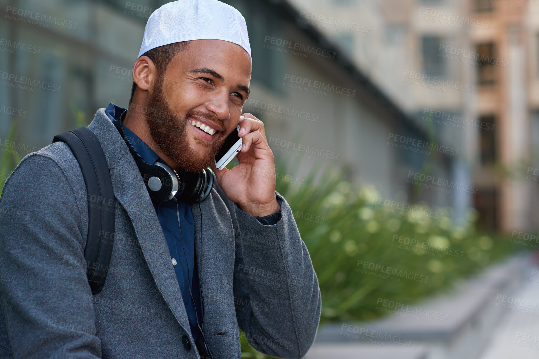 Buy stock photo Business, phone call and smile with Muslim man in city for communication, feedback or update. Conversation, thinking and planning with happy Islamic employee outdoor for contact or mobile negotiation