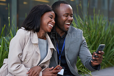 Buy stock photo Funny, smartphone and black couple in city, smile and digital app for social media. Outdoor, man and woman with happiness, bonding together and laughing for online humor, love and relationship