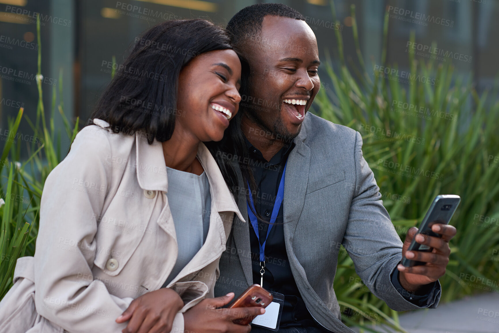 Buy stock photo Funny, smartphone and black couple in city, smile and digital app for social media. Outdoor, man and woman with happiness, bonding together and laughing for online humor, love and relationship