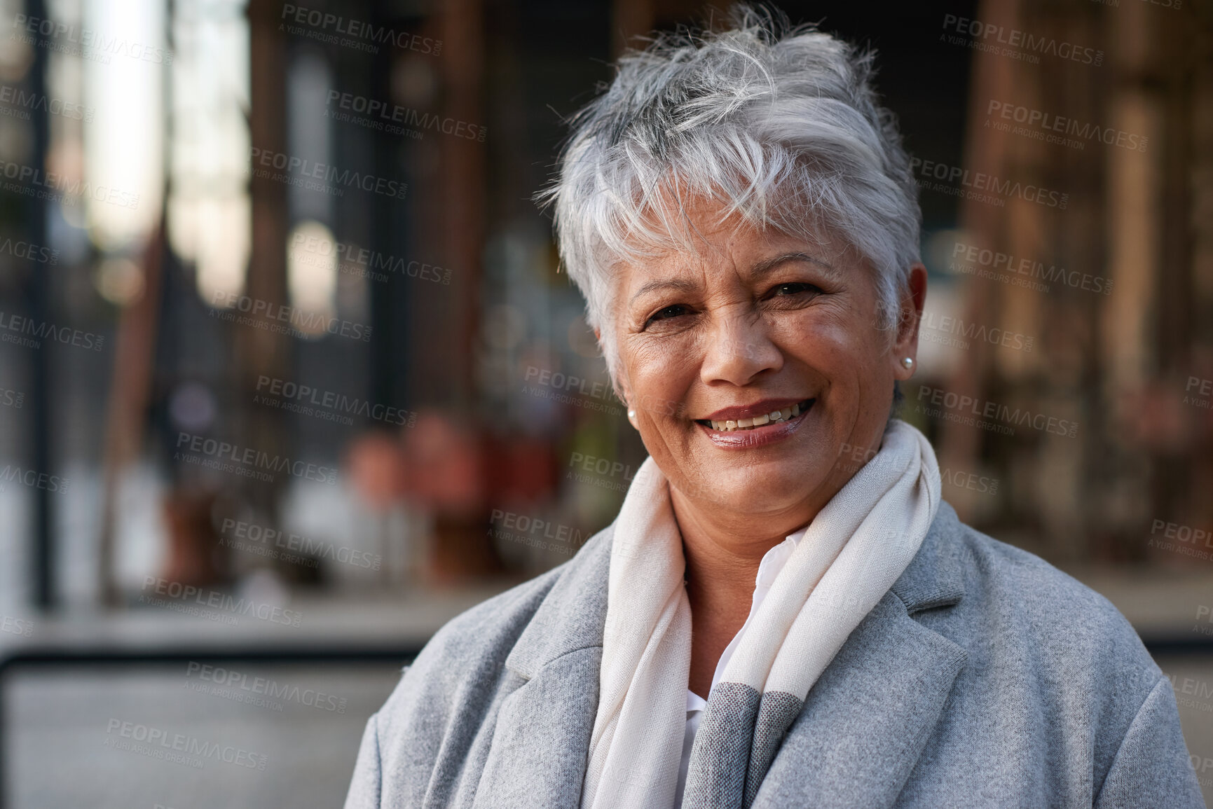 Buy stock photo Buildings, portrait and smile of business woman outdoor for career as property developer. Experience, friendly and real estate development with mature employee in city for infrastructure project