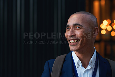Buy stock photo Happy, businessman or night with vision in hotel for corporate ambition or travel on bokeh. Man, employee or traveler with smile for late evening check in, job opportunity or business trip on space