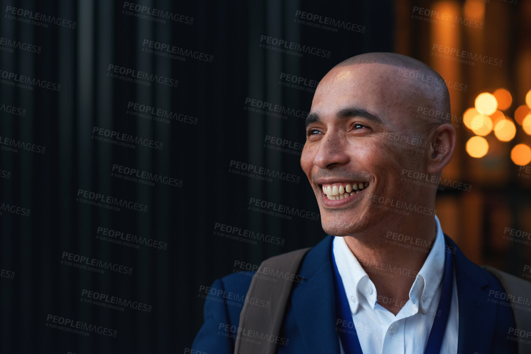 Buy stock photo Happy, businessman or night with vision in hotel for corporate ambition or travel on bokeh. Man, employee or traveler with smile for late evening check in, job opportunity or business trip on space