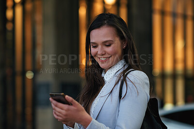 Buy stock photo City, businesswoman and happy with smartphone at night, publicist and networking with contact on web. Outdoor, PR manager and person with mobile for message, late and smile for positive feedback