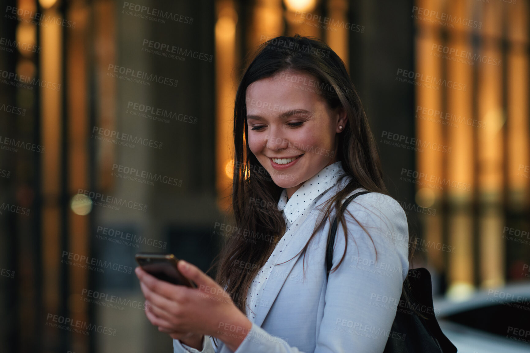 Buy stock photo City, businesswoman and happy with smartphone at night, publicist and networking with contact on web. Outdoor, PR manager and person with mobile for message, late and smile for positive feedback
