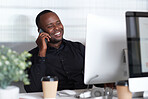 African american businessman using smartphone talking having phone call conversation on mobile in office