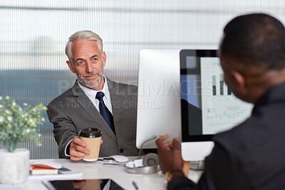 Buy stock photo Computer, finance and business men in office with graphs for financial analysis, statistics and report. Corporate, coworking and people on tech with charts for growth, budget planning and profit