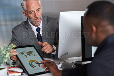 Buy stock photo Tablet, finance and business people in office with graphs for financial analysis, global statistics or report. Corporate, screen and men on digital tech with chart, review and research for investment