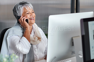 Buy stock photo Phone call, happy and mature woman in office for business chat, discussion and contact for update. Corporate, smile and person on smartphone for conversation, communication or networking in workplace