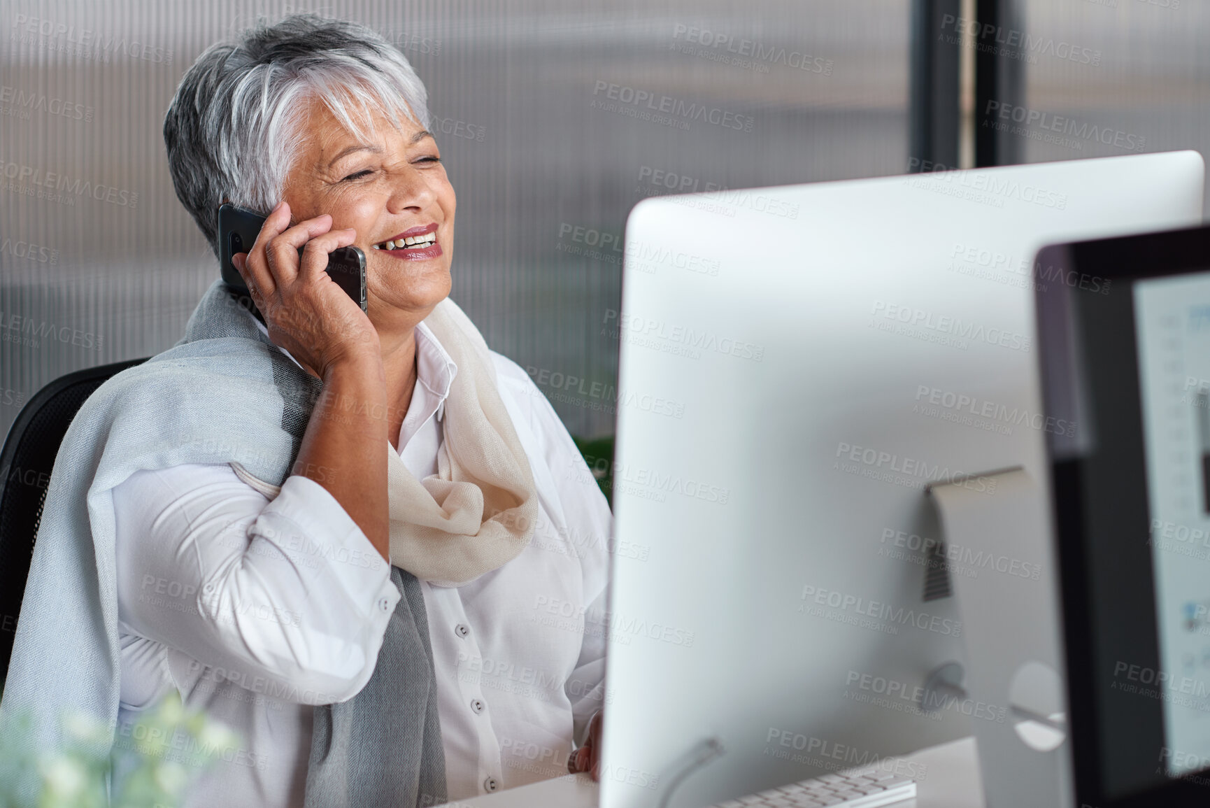 Buy stock photo Phone call, happy and mature woman in office for business chat, discussion and contact for update. Corporate, smile and person on smartphone for conversation, communication or networking in workplace