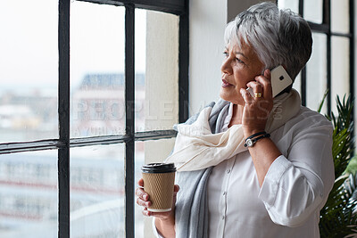 Buy stock photo Phone call, window and mature woman in office for business chat, discussion and contact for project update. Corporate, coffee and person on smartphone for conversation, communication and networking