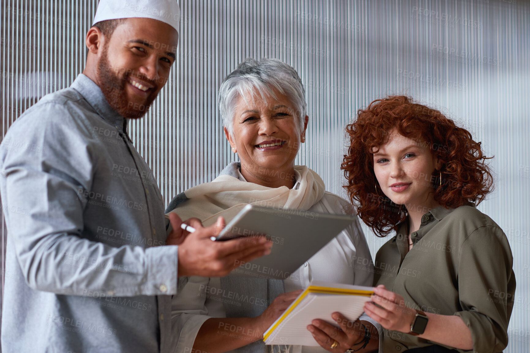 Buy stock photo Portrait, business and people with tablet in office for research, planning and copywriting report. Smile, team and digital with notebook for feedback, fact check and information for story publication