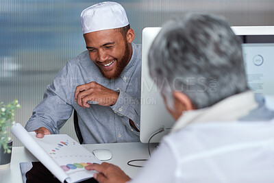 Buy stock photo Documents, business and people in workplace, graphs for trading opportunity and economy analytics. Support, talk and financial advisor in office, report for international trade and charts for revenue