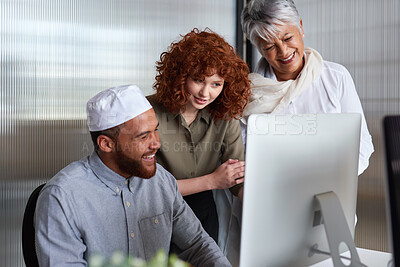 Buy stock photo Media agency, talking and business people in office, computer for website publication and smile. Diversity, group and journalist in meeting, teamwork and pc for online submission and conversation