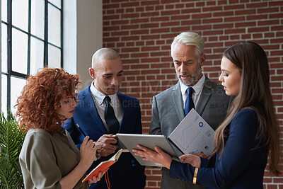 Buy stock photo Team, tablet and business people with documents in lobby for meeting, finance report and project update. Corporate, office and workers on tech for online proposal, budget planning or financial review