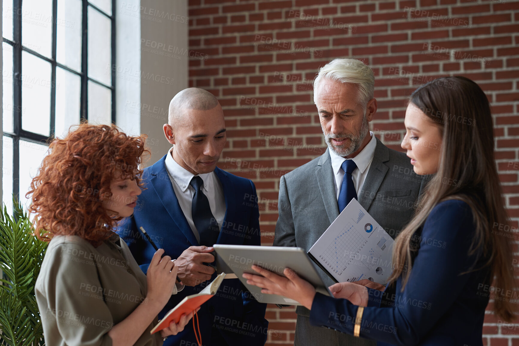 Buy stock photo Team, tablet and business people with documents in lobby for meeting, finance report and project update. Corporate, office and workers on tech for online proposal, budget planning or financial review