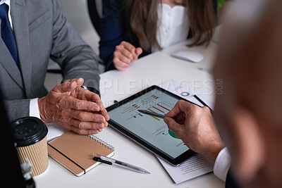 Buy stock photo Tablet, hands and business people in office with graphs for financial analysis, statistics and report. Corporate, team and workers on digital tech with screen for investment, budget and finance chart