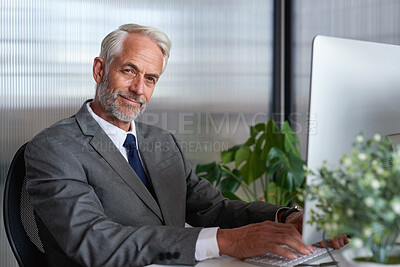 Buy stock photo Portrait, financial advisor and man in office, computer for investment deal and email for contract. Mature person, investor and professional in workplace, pc for trading opportunity or website info