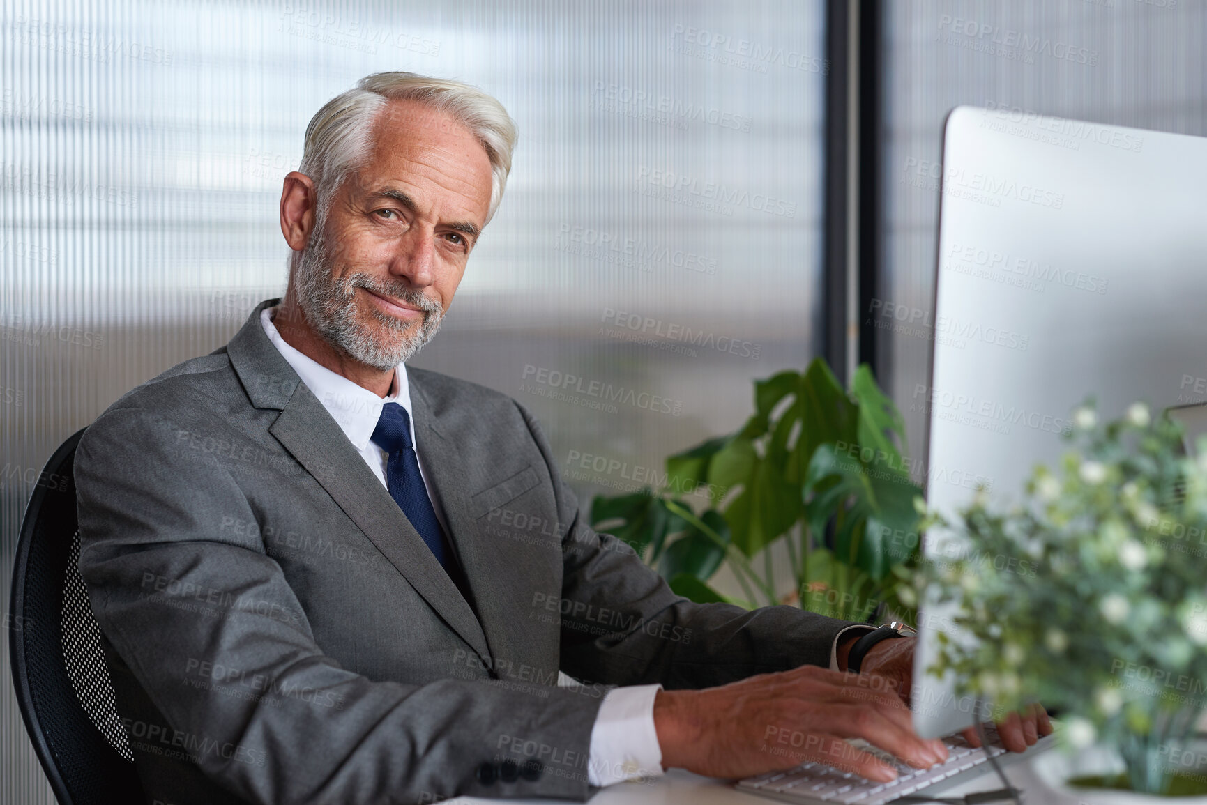 Buy stock photo Portrait, financial advisor and man in office, computer for investment deal and email for contract. Mature person, investor and professional in workplace, pc for trading opportunity or website info