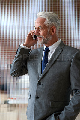 Buy stock photo Phone call, happy and mature man in office for business chat, discussion and contact for feedback. Corporate, smile and person on smartphone for conversation, communication or networking in workplace