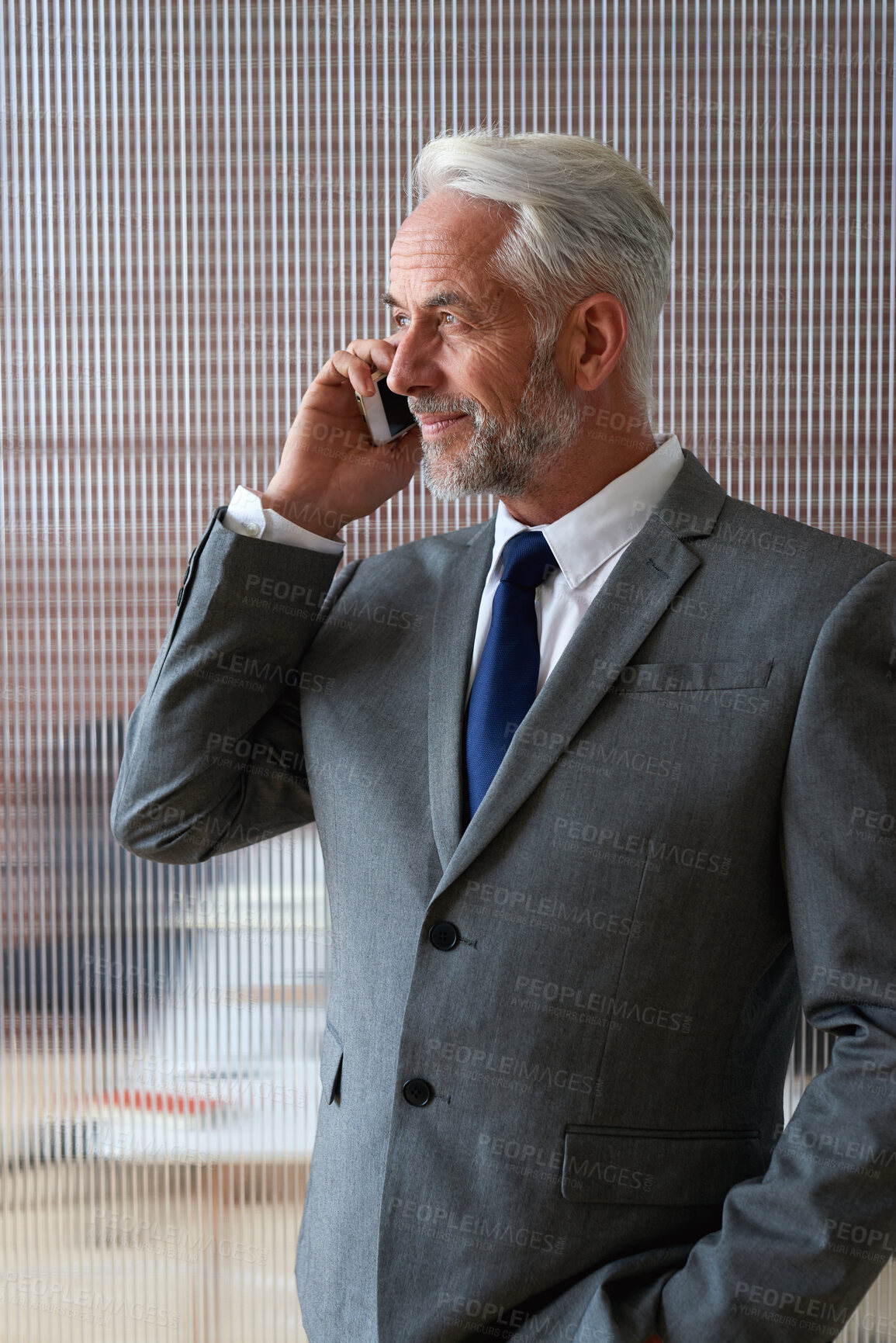 Buy stock photo Phone call, happy and mature man in office for business chat, discussion and contact for feedback. Corporate, smile and person on smartphone for conversation, communication or networking in workplace