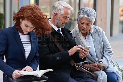 Buy stock photo Business, talking or people on bench, smartphone for social media or digital app with communication. Outdoor, professional or online reading with break, relax or cellphone for website info or network