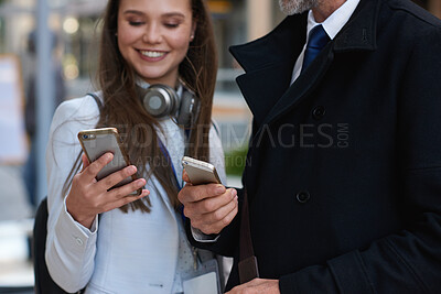 Buy stock photo Business people, smartphone and travel in city, internet and digital app for social media. Outdoor, man and woman with cellphone, website info or connection for communication, conversation or network