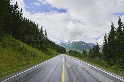 Buy stock photo Landscape, forest and mountain with road in nature for travel, adventure and path for holiday. Clouds, woods and outdoor journey with scenic route, tourist highway and green foliage for vacation trip