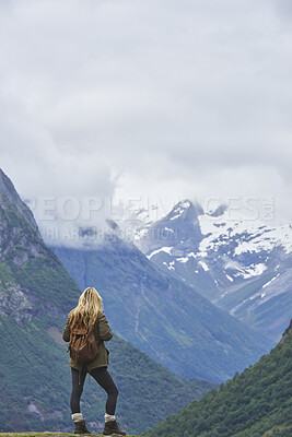 Buy stock photo Mountain, hiking and woman in nature for adventure, mockup space and fresh air on break or wellness. Outdoor, person and sightseeing on weekend, explore and backpacking with view of valley or scenery