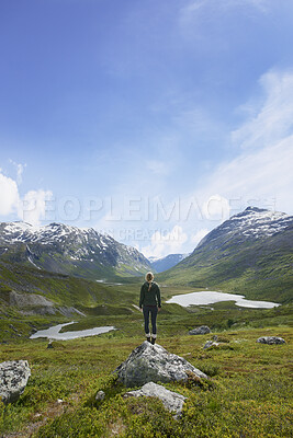 Buy stock photo Back, hiking and woman in nature with mountain view, adventure and exploration with space in winter. Trekking, countryside and person outdoor for travel, vacation or sightseeing on holiday at valley