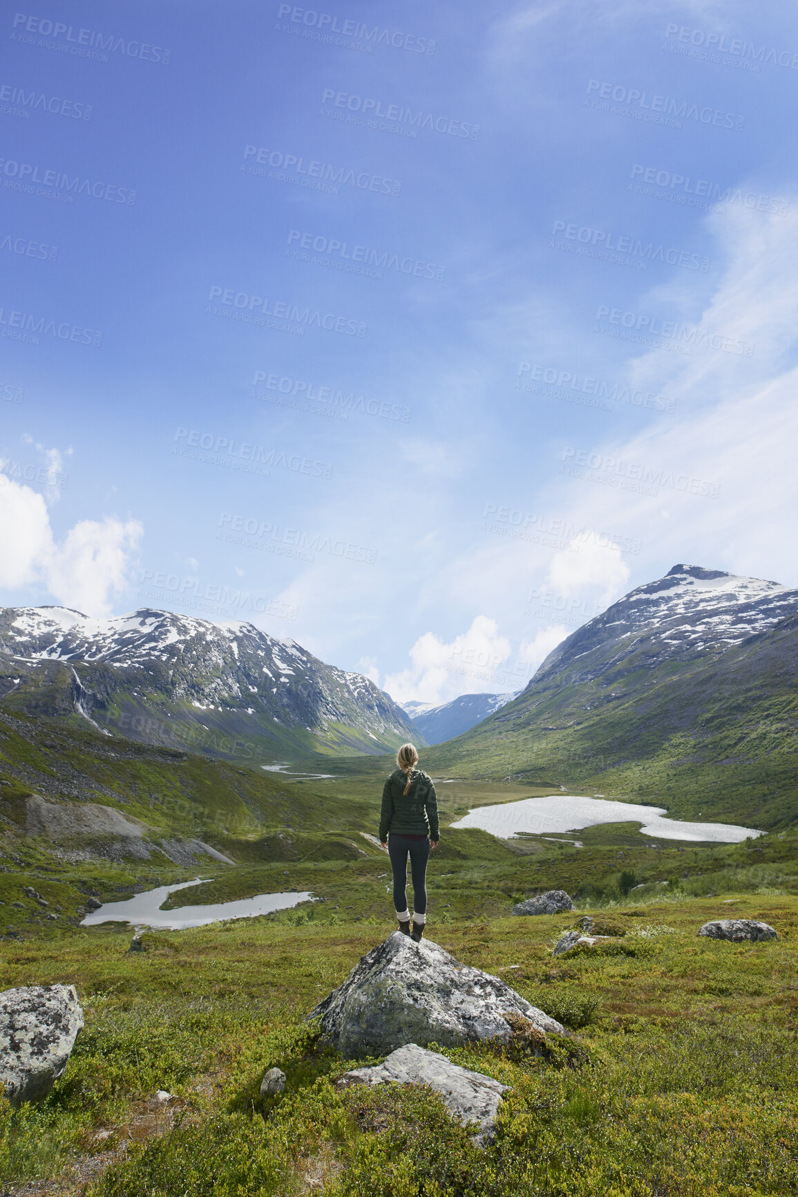 Buy stock photo Back, hiking and woman in nature with mountain view, adventure and exploration with space in winter. Trekking, countryside and person outdoor for travel, vacation or sightseeing on holiday at valley