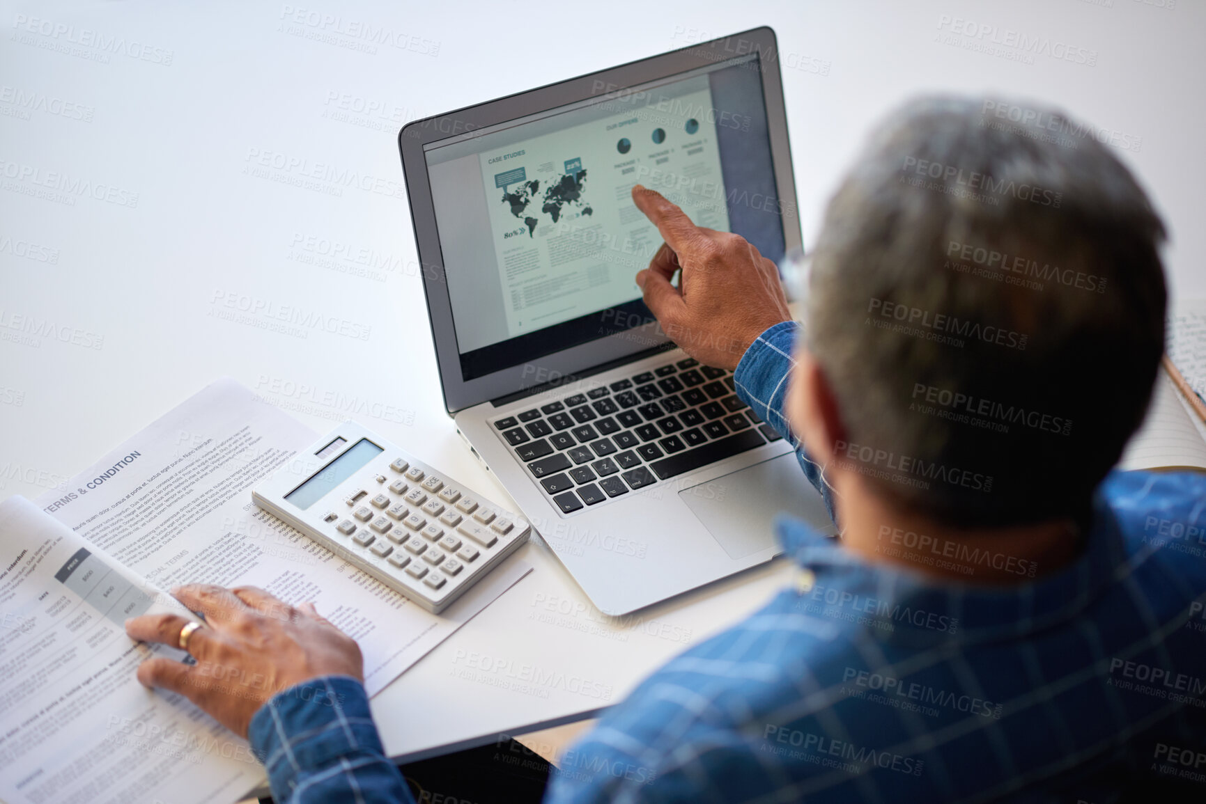 Buy stock photo Documents, laptop screen or man with research in office for population data, case study or chart. Analyst, back of mature person and pointing to map app for asset location, forecasting and reporting