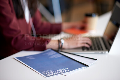 Buy stock photo Documents, hands and typing in office with laptop, business proposal and plan for project management. Professional, person and paperwork in workplace with computer, administration and draft email.