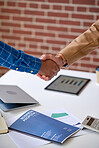 business people shaking hands in office meeting after successful partnership deal for startup company