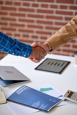 Buy stock photo Documents, deal and business people in office with handshake, tech and data analysis for partnership. Men, shaking hands and paperwork in meeting with proposal, stats or negotiation for collaboration