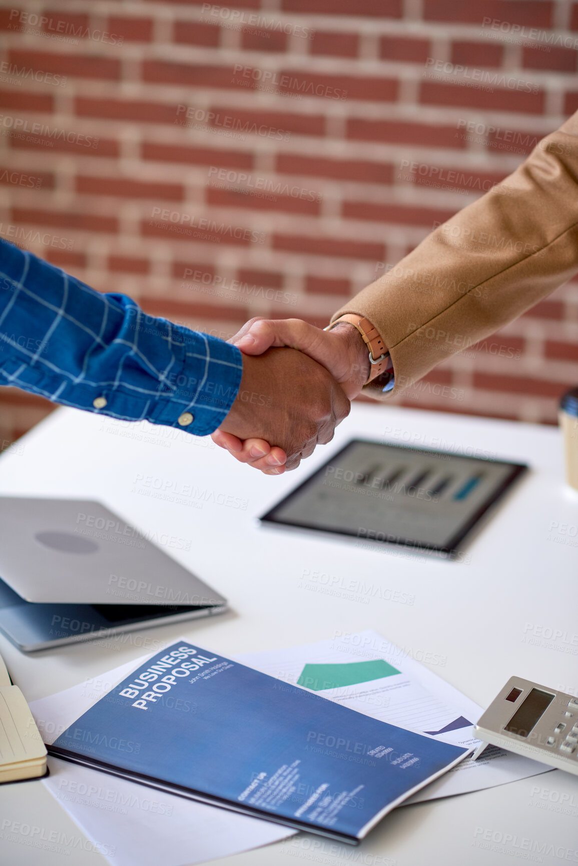 Buy stock photo Documents, deal and business people in office with handshake, tech and data analysis for partnership. Men, shaking hands and paperwork in meeting with proposal, stats or negotiation for collaboration