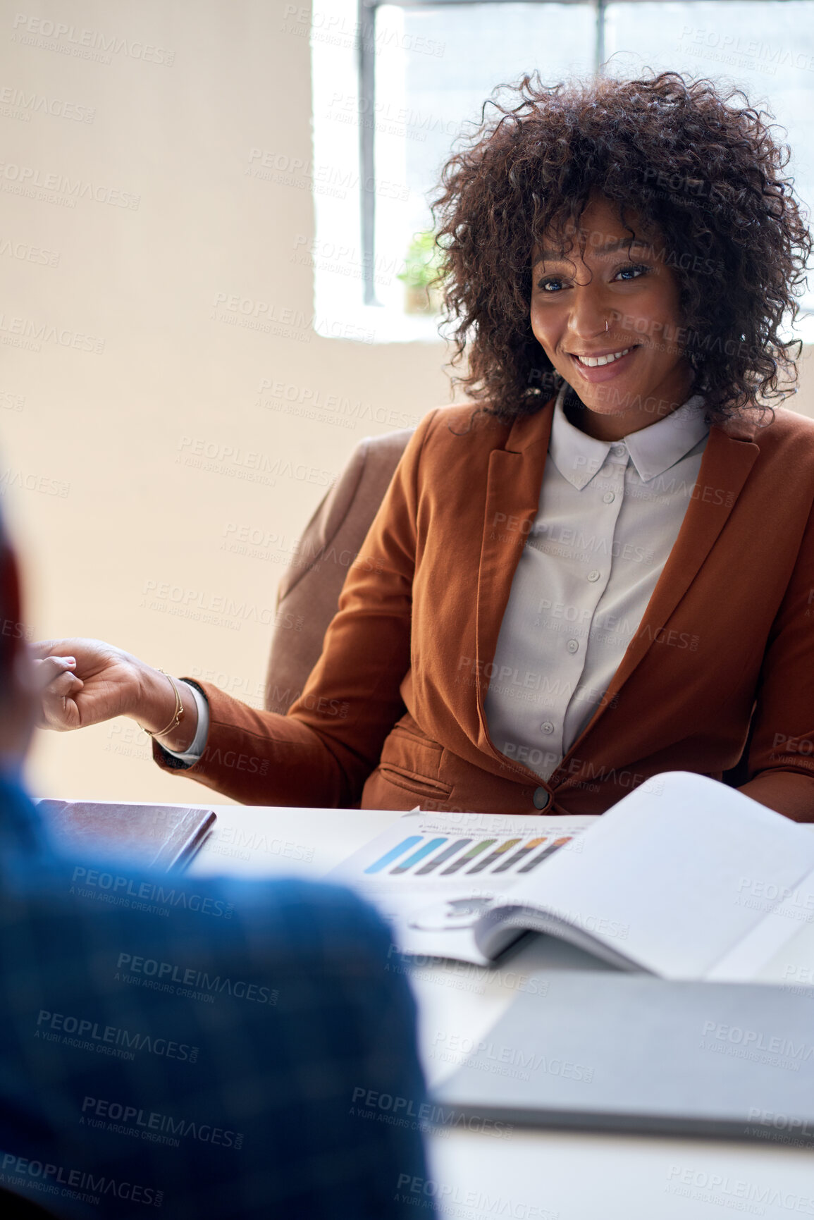 Buy stock photo Finance, meeting or woman in boardroom with document, funding ideas or budget pitch in b2b partnership. Brief, investor or analyst with paper, report review or proposal update in collaboration plan.