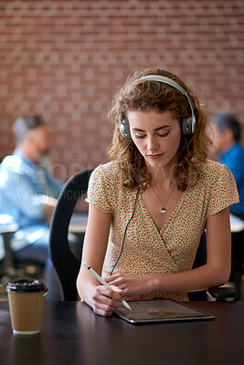 Buy stock photo Headphones, tablet or woman with remote work in coffee shop, streaming music or web traffic analysis. Reading, listening or freelance marketer with tech for engagement data review, cafe or podcast