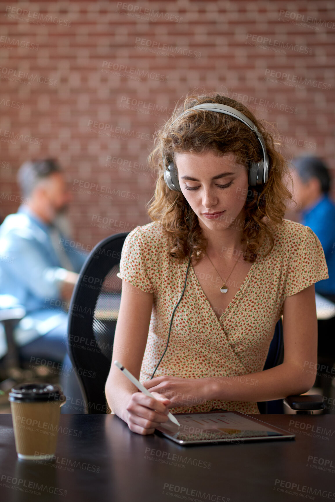 Buy stock photo Headphones, tablet or woman with remote work in coffee shop, streaming music or web traffic analysis. Reading, listening or freelance marketer with tech for engagement data review, cafe or podcast