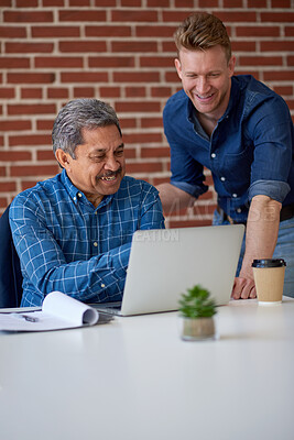 Buy stock photo Review, manager or people in agency with laptop, trend research or feedback on marketing pitch. Advice, director or creative assistant with tech, advertisement guidance or proposal for brand campaign