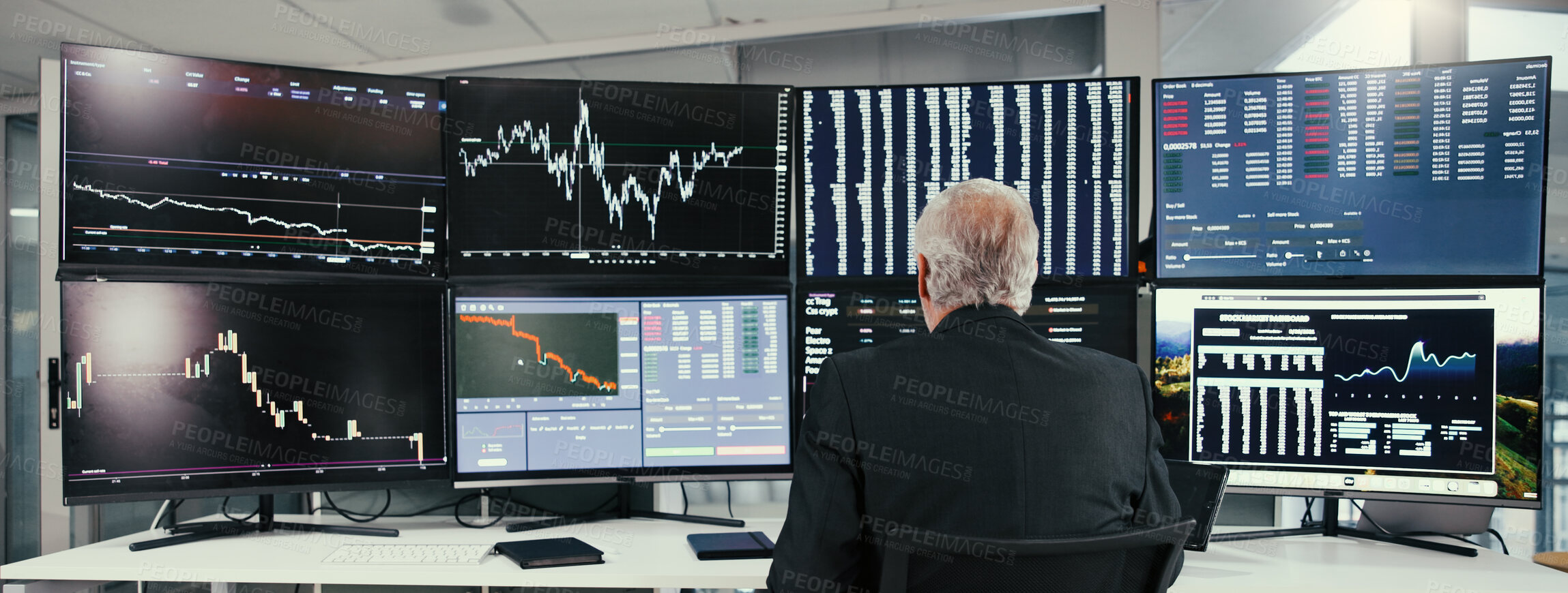 Buy stock photo Mature, businessman or broker monitoring with stock market on computer for online trading. Back view, man or investor checking graph statistics or cryptocurrency for investment on screen in workplace