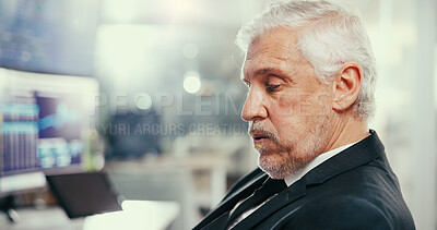 Buy stock photo Stress, trading or man in office with computer, crypto risk or technical crash on investment platform. Worry, data error or mature broker with tech, account loss or pressure in stock market.
