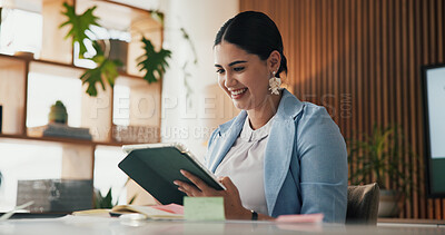 Buy stock photo Happy woman, research or planning with tablet in office for schedule, reminder or agenda. Female person, employee or planner with smile on techology for ideas, event or time management in workplace